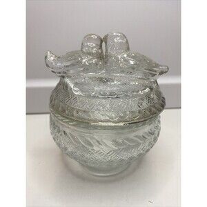 vintage jeannette Clear glass love birds Handle Covered candy dish About 5” H
